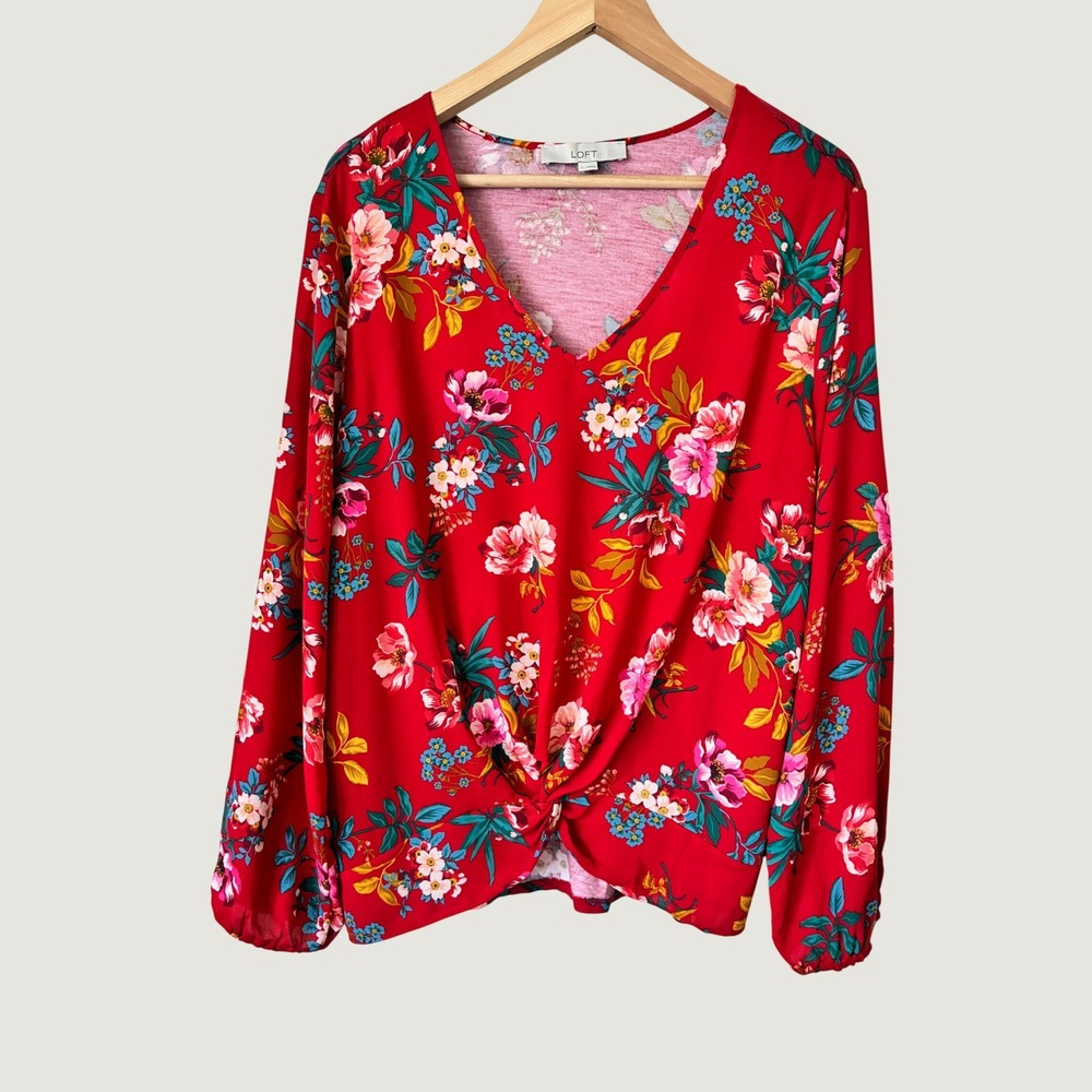 LOFT Red Floral Twist Front V-Neck Long‎ Sleeve Blouse Top Large Boho Tropical